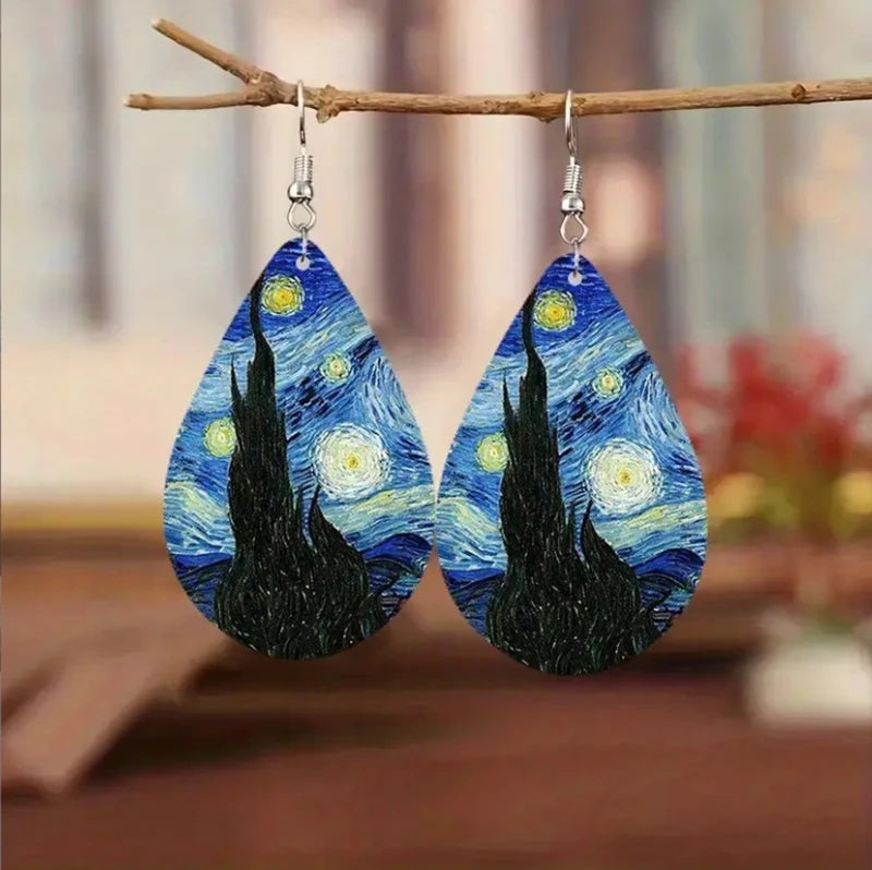 Orecchini Van Gogh Notte stellata Orecchini vintage in pelle con goccia d'acqua albero della vita per donna
