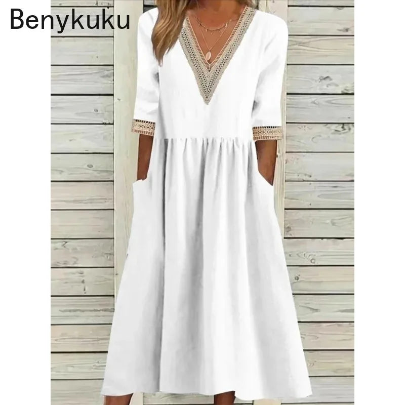 Abito Estivo da Donna 2026 Nuovo in Cotone e Lino a Mezza Manica con Scollo a V, Vestito Casual Chic Vintage con Inserti, Vestito Midi Ampio