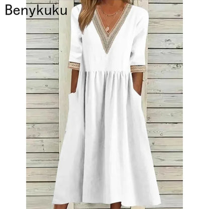 Abito Estivo da Donna 2026 Nuovo in Cotone e Lino a Mezza Manica con Scollo a V, Vestito Casual Chic Vintage con Inserti, Vestito Midi Ampio