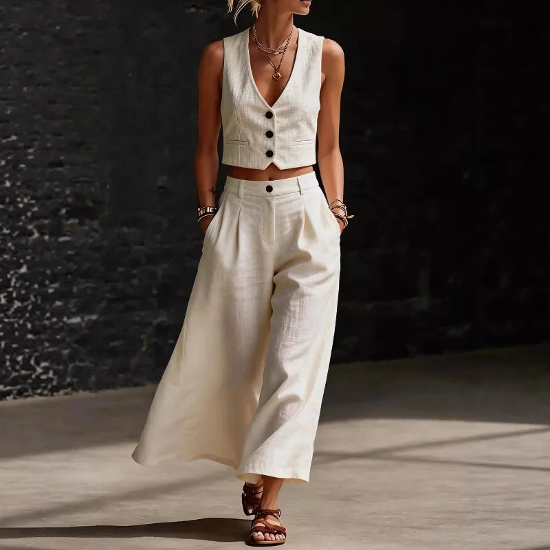 Summer Sexy V-neck Button Vest Top and Wide Leg Pants Outfits Women's Elegant Solid Color Temperament Slim Fit Vacation Suit