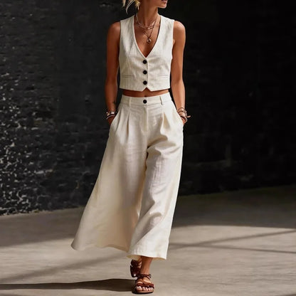 Summer Sexy V-neck Button Vest Top and Wide Leg Pants Outfits Women's Elegant Solid Color Temperament Slim Fit Vacation Suit