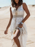 Women Summer Elegant Bohemian Maxi Dress Sleeveless Lace Trimmed Flared Dress Casual V-Neck Evening Party Long Dresses