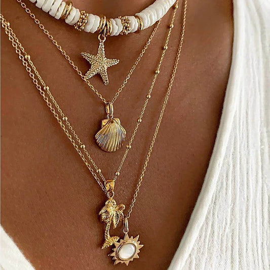 Collier de bijoux de plage d'été bohème tendance pour femmes, pendentif étoile de mer et coquillage en poterie douce, style vintage, multicouche, ras-de-cou, cadeaux