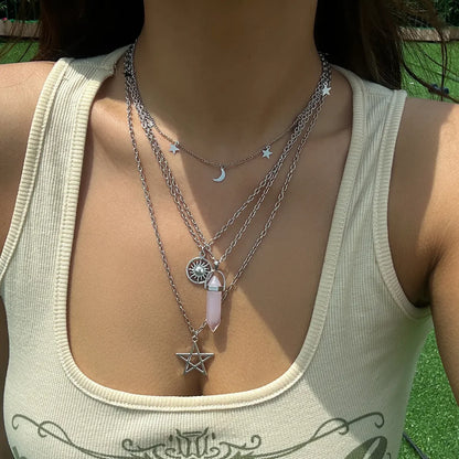 4 pezzi etnico rosa cristallo stella pentagramma ciondolo collana girocollo per le donne elegante luna nappa catena accessori gioielli per feste