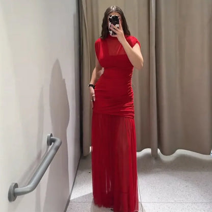 Maglia sexy vedere attraverso lungo abito rosso senza maniche piega patchwork a-line maxi abiti da festa femminile 2025 estate signora abiti slim