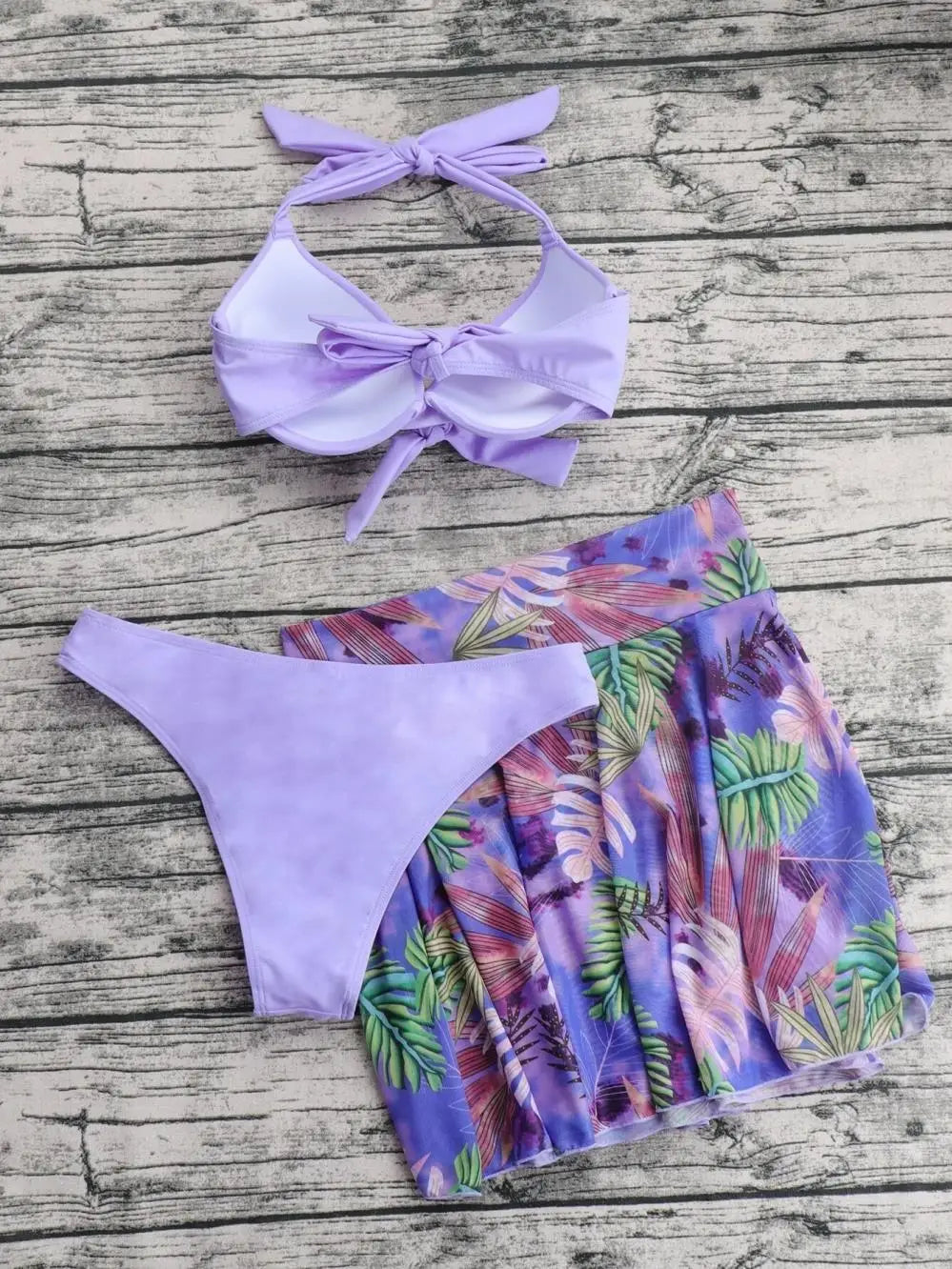 Costume da bagno tropicale a 3 pezzi con bikini halter push-up e camicia da spiaggia, per donna, collezione 2026
