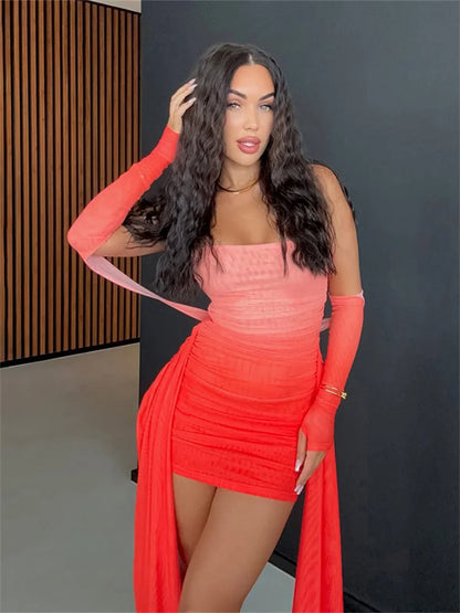 Nibber Summer Vacation Sexy See Through Dress+Shawl Women Ruched Side Ribbon Coquette Skinny Midnight Clubwear Party Bodycon