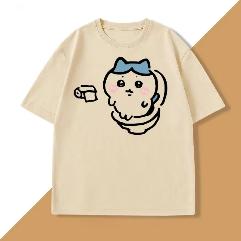 T-shirt da donna "Hachiware on The Toilet" divertente in stile Harajuku, a maniche corte, con scollo rotondo, maglietta umoristica, abbigliamento casual e comodo.