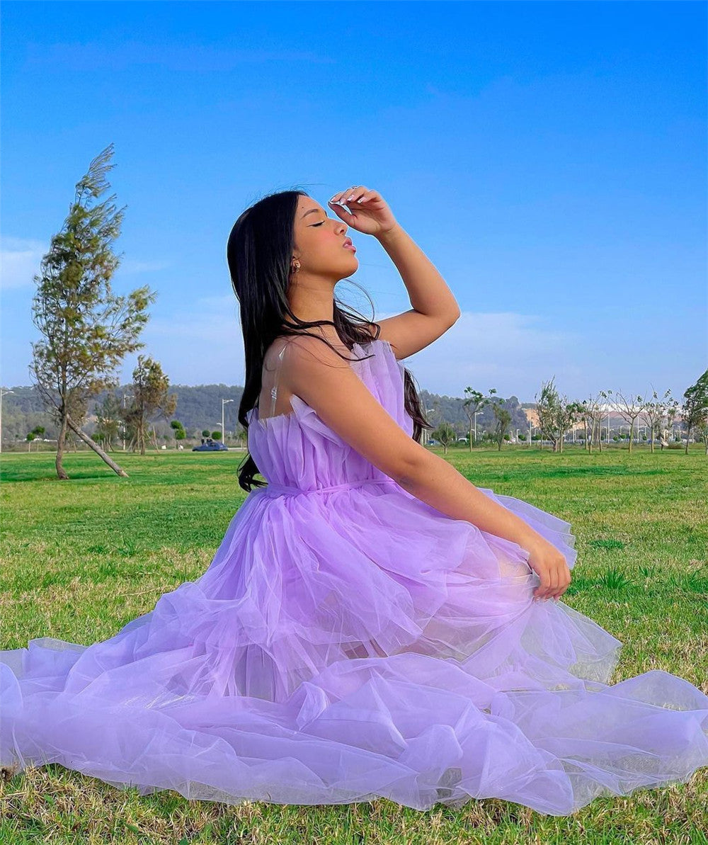 Elegante abito da cerimonia nuziale in tulle a rete per donna senza spalline con spalle scoperte abiti da sera a vita alta abiti da ballo per occasioni formali