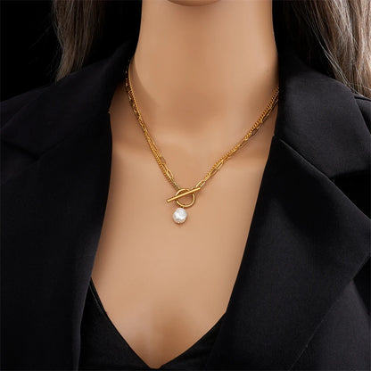DIEYURO Acciaio Inossidabile 316L OT Chiusura Grande Collana con Ciondolo di Perle Per Le Donne Nuove Ragazze Catena a 2 Strati Gioielli Regali Del Partito Bijoux