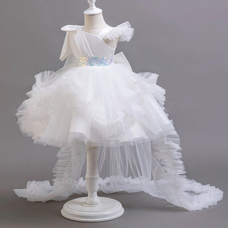 KLFLGD Nuovi abiti da festa per ragazze estive Abito da festa elegante da sposa per ragazza di fiori Abito da coda in tulle rosa per ragazza di 2-6 anni