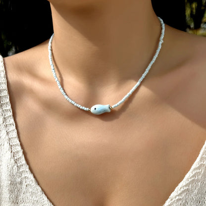 Collana con ciondolo stella marina con perline di riso bohémien per donna, fatta a mano, perla d'imitazione, girocollo con perline colorate, gioielli da spiaggia estiva
