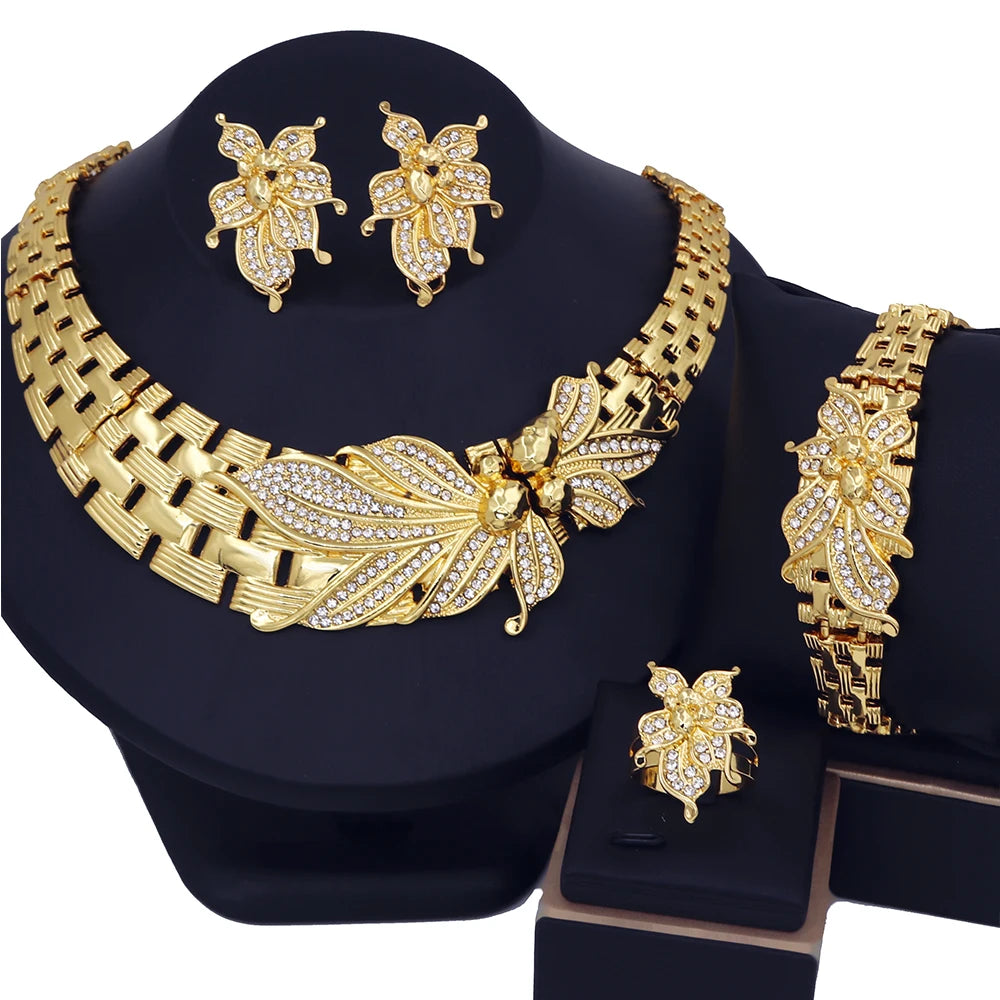 YTJX Ensemble de bijoux de mariage africains, grand collier ras du cou fleur, bracelet zircon fin, boucles d'oreilles perçantes, bague, plaqué or 18 carats