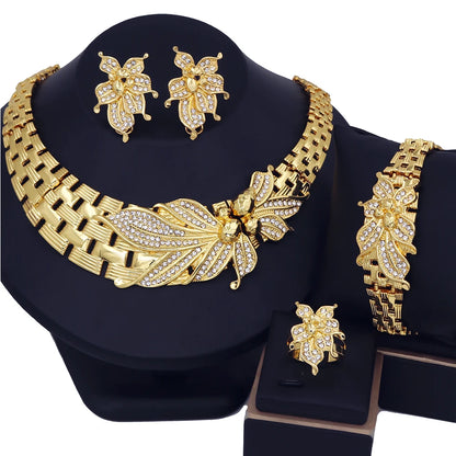 YTJX Ensemble de bijoux de mariage africains, grand collier ras du cou fleur, bracelet zircon fin, boucles d'oreilles perçantes, bague, plaqué or 18 carats