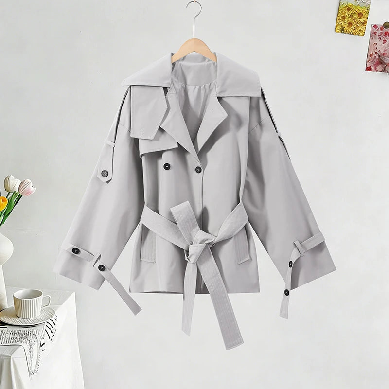 Trench Coat Corto da Donna con Cintura, Collo a Risvolto, Maniche Lunghe, Oversize, Antivento, Primavera-Autunno 2026