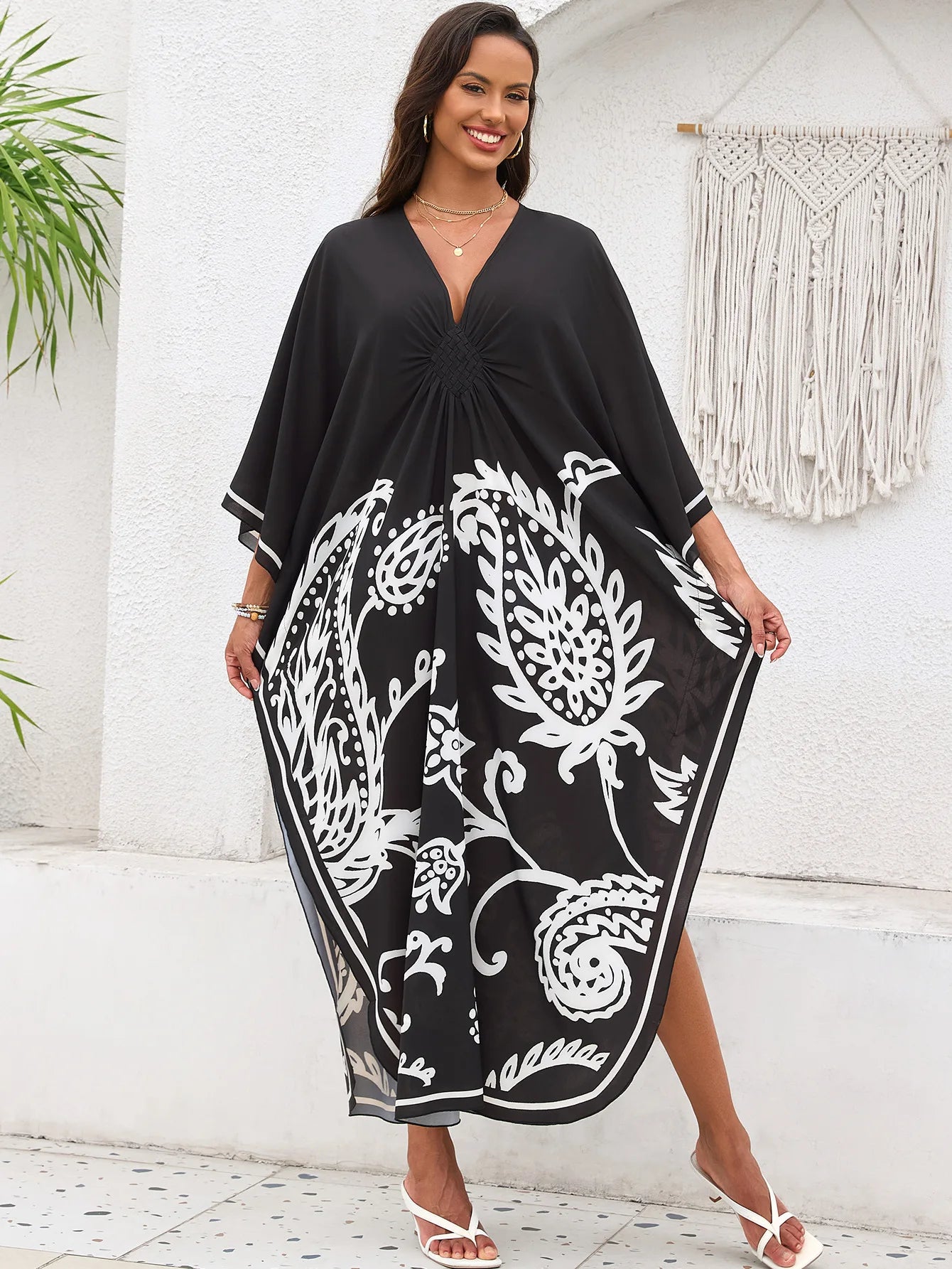Abiti caftano da donna con stampa floreale taglie forti Costume da bagno taglie forti Copricostume estivo Abito da spiaggia caftano loungewear