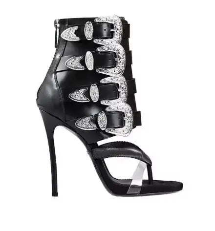Sandales d'été à talons hauts pour femme, sandales à talons hauts pour femme avec bout pointu, décoration en métal, bride à boucle en PVC, tongs, chaussures sexy à talons hauts pour femme