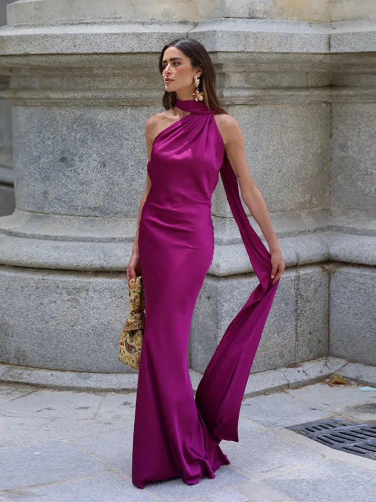 Sciarpa a nastro Halter Abito da donna Spalla inclinata Raso di seta Slim Fit Streamer Grandi abiti sexy senza schienale Abiti lunghi da donna Estate