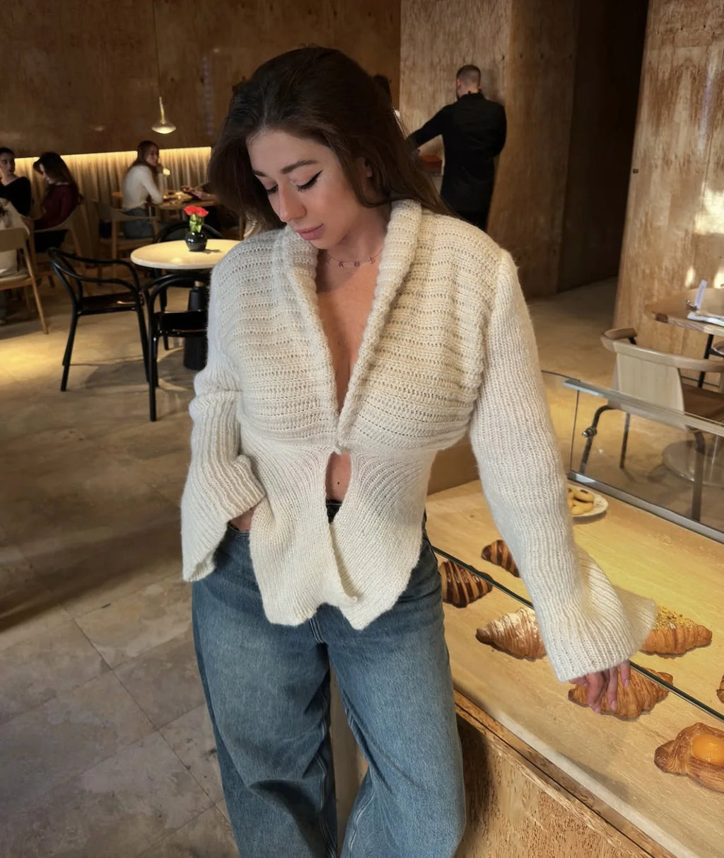 Tuularose Autunno Cardigan lavorato a maglia da donna New Vintage scava fuori maglione a maniche lunghe 2025 Casual Streetwear Top in maglia bianca femminile