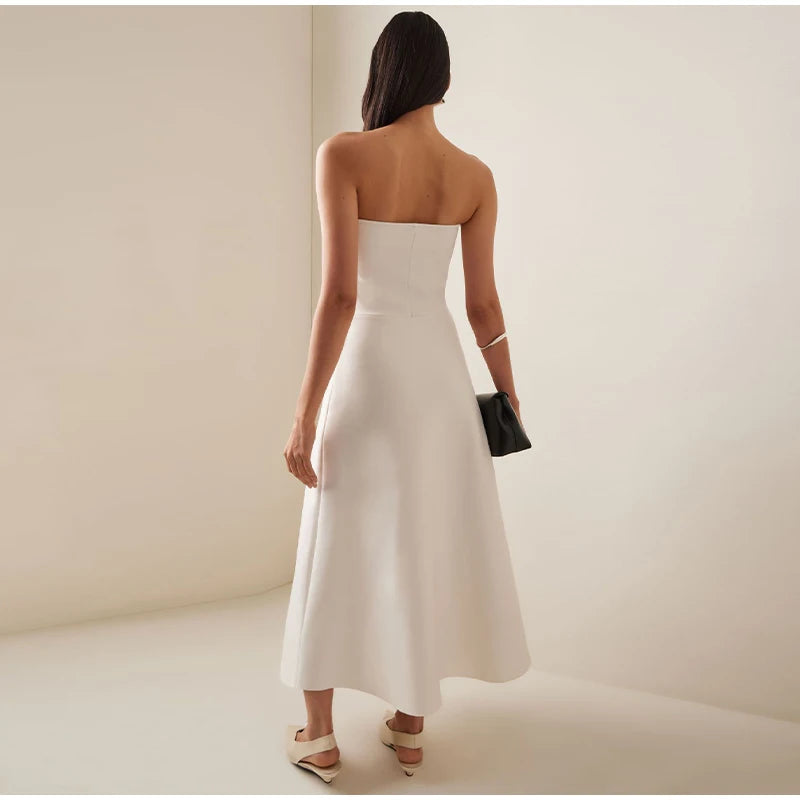 Abito lungo senza spalline con pieghe a strati sexy Abito da donna slim fit con spalle scoperte Abito senza maniche a trapezio Abito da sera estivo femminile