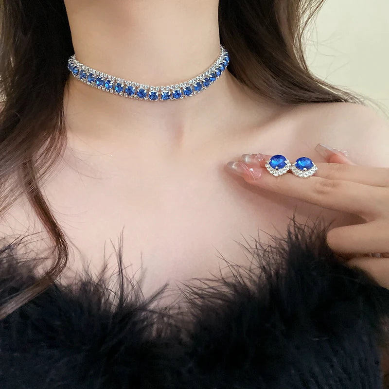 Orecchini a bottone con collana di strass verdi di lusso per le donne collane con Choker di cristallo Set di gioielli per banchetti di matrimoni di moda da donna