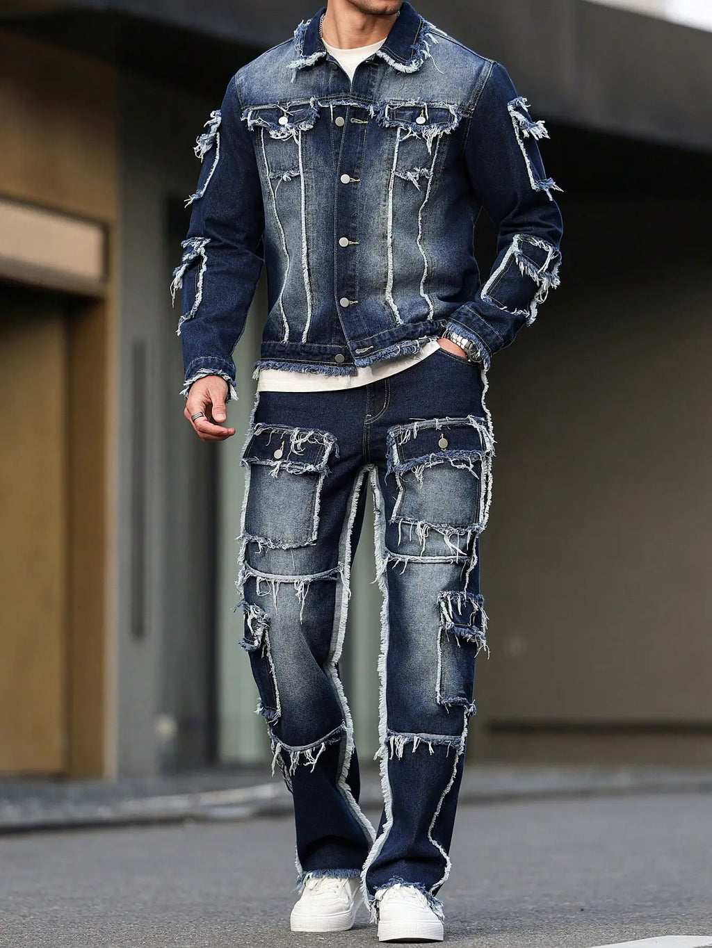 Abito in denim primaverile e autunnale da uomo, design multitasche, stile pantaloni larghi e dritti
