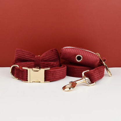 Set Collare e Guinzaglio per Cani in Corduroy Rosso Vino con Targhetta Personalizzata Incisa, Accessori per Animali Domestici