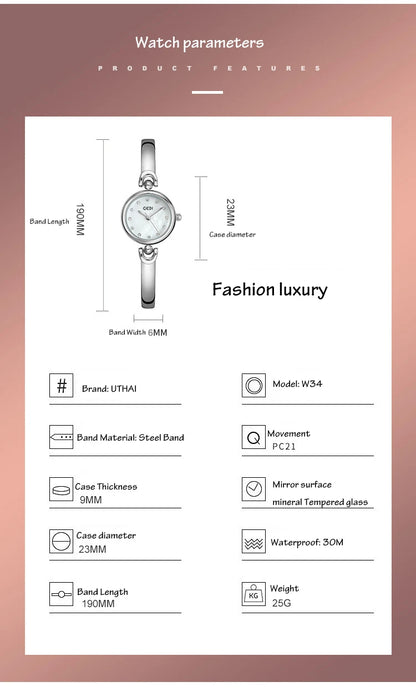 UTHAI W34 Orologio da polso da donna Luce di lusso Semplice squisito quadrante rotondo Orologio impermeabile Lady Fashion Orologi al quarzo coreani