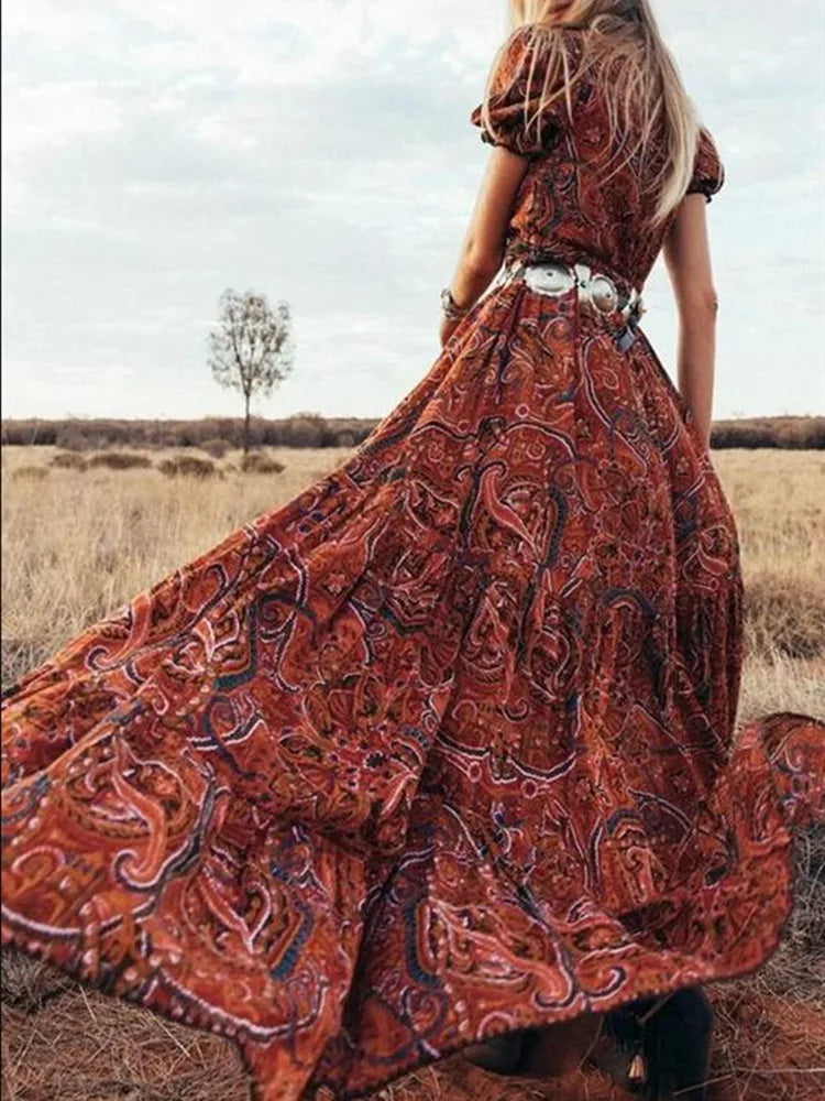 TEELYNN boho abito lungo Vintage 2023 stampa floreale Chiffon manica a tre quarti scollo a v estate Gypsy Hippie abiti da donna vestidos