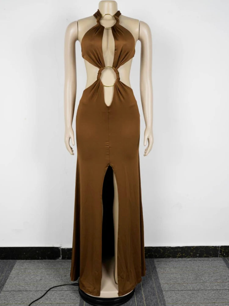 Beyprern New Chic Halter Scollo a V O Rings Abito lungo maxi Glam Donna Sexy Backless Increspato Abiti da festa con spacco alto Abiti di compleanno