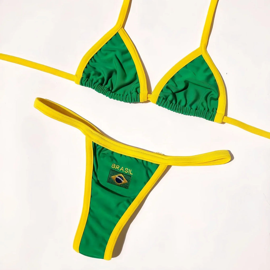 Ensemble de bikinis sexy brodé drapeau brésilien contrasté et fendu pour femme, maillot de bain patchwork, tenue féminine pour la plage d'été