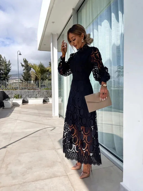 Abito lungo con maniche a sbuffo in pizzo da donna 2025 Primavera elegante nuovi abiti slim a vita alta con colletto alla coreana alla moda