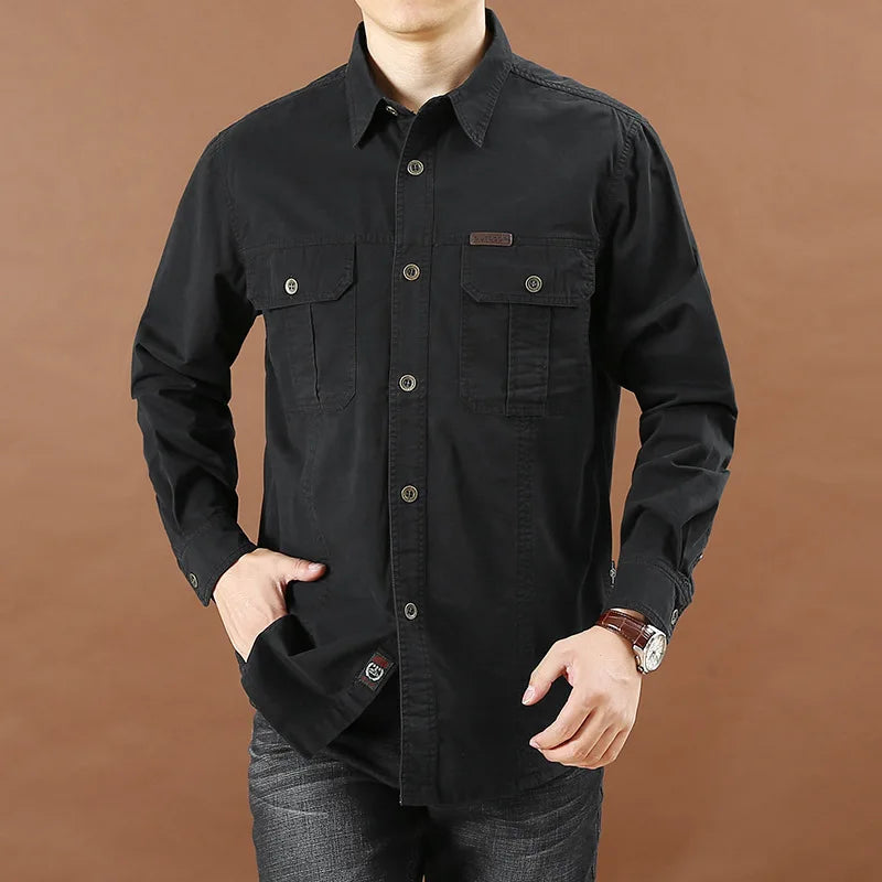 100% cotone di alta qualità primavera autunno moda uomo manica lunga tinta unita camicia Casual Multi tasca 6XL giacca Cargo di grandi dimensioni