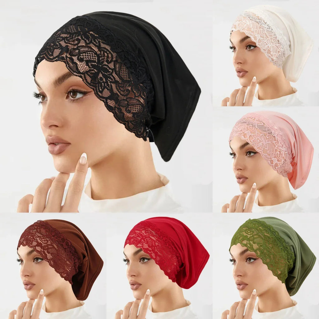 Berretto Hijab in pizzo stile malese, sottopelo traspirante per donne musulmane, copricapo elegante per la preghiera quotidiana