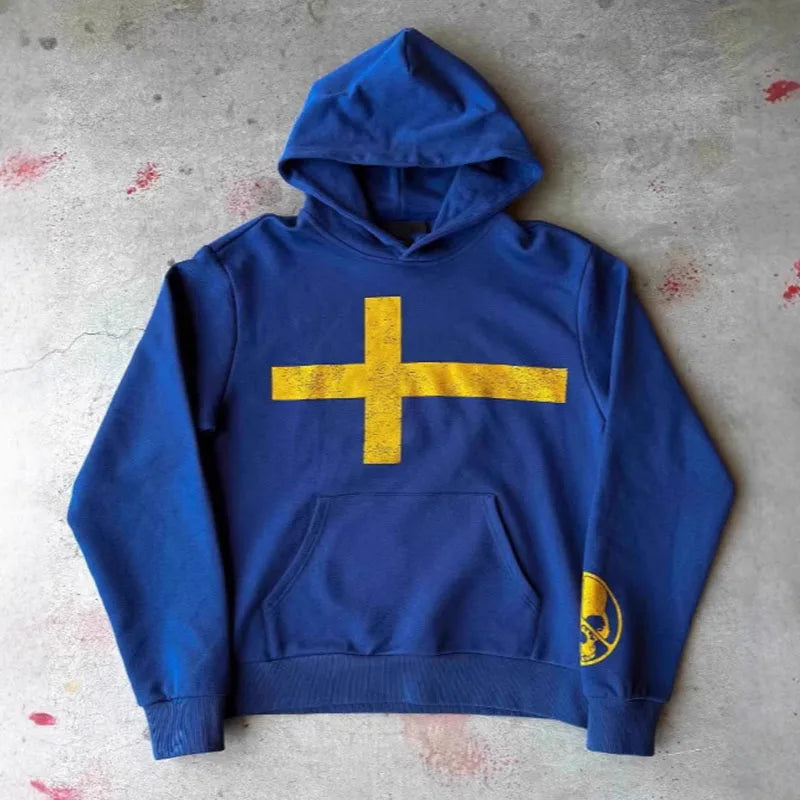 Felpa con cappuccio a maniche lunghe Hip Hop Rock Harajuku gotico americano Cappotto casual con stampa croce teschio moda di strada a contrasto vintage