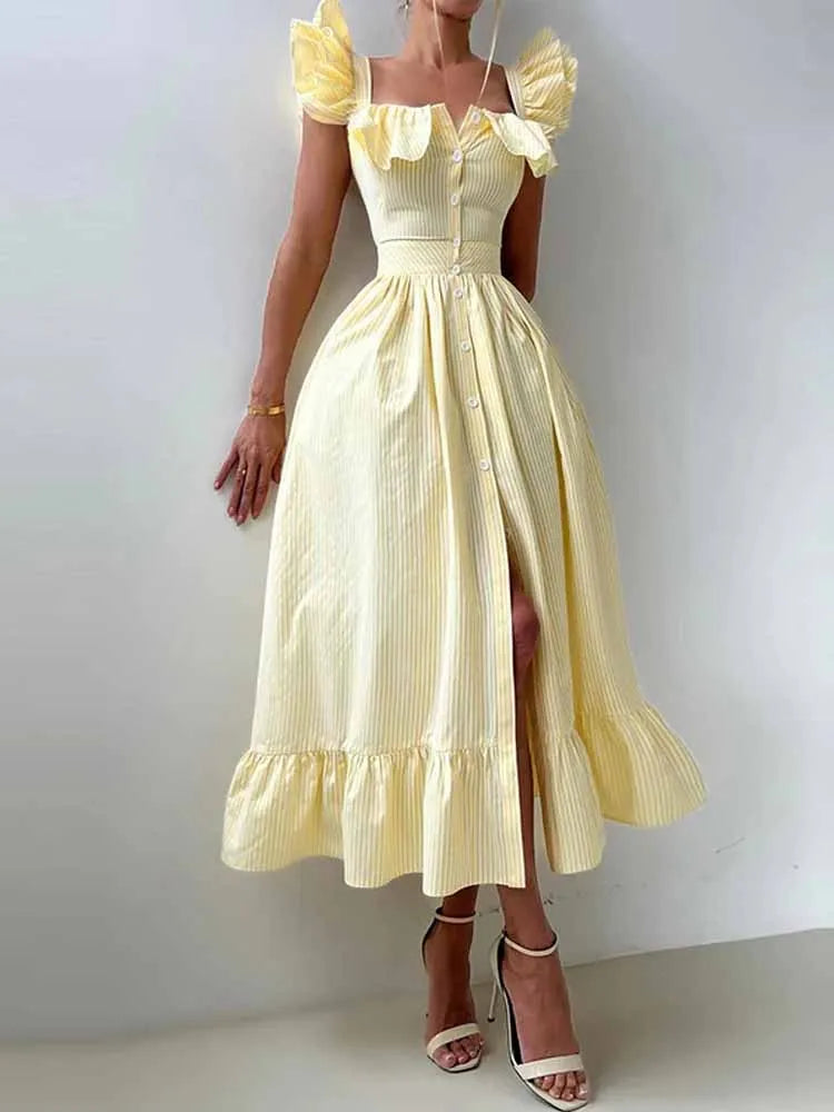 BKQU Abito lungo elegante con maniche volanti a righe con volant Abito lungo da donna chic con colletto quadrato sottile monopetto Abito lungo da festa estivo femminile