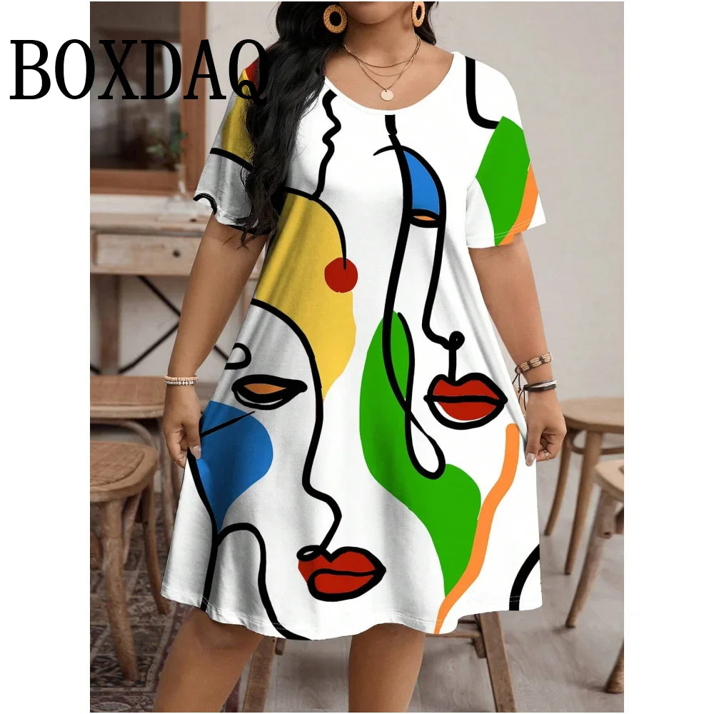 Moda Donna Abbigliamento Linea artistica per il viso Abiti con stampa 3D Abiti estivi larghi taglie forti Abiti casual a trapezio a maniche corte 9XL