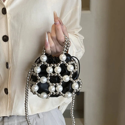 2024 estate piccole borse a tracolla per le donne Fine Fashion Hollow Pearl Beaded Weave Mini borse Trendy Party Prom frizioni borse