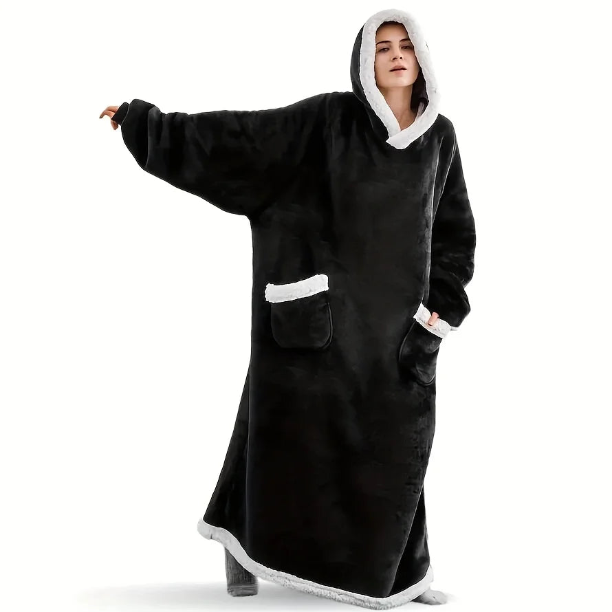 Accappatoio invernale da donna in flanella, extra lungo, con cappuccio e tasche verticali, coperta morbida e foderata in pile, ideale per rilassarsi davanti alla TV.