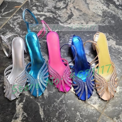 Sandali in raso con tacco medio a gabbia di cristallo da donna Scarpe femminili di lusso in pelle metallizzata Scarpe da sera estive con cinturino alla caviglia da donna