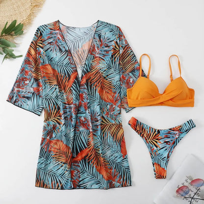 Bohemian Style Print Bikini Sets Women Fashion Sexy Spaghetti Strap Bikini Cardigan Three Piece Sets Beach Vacation Swimsuit