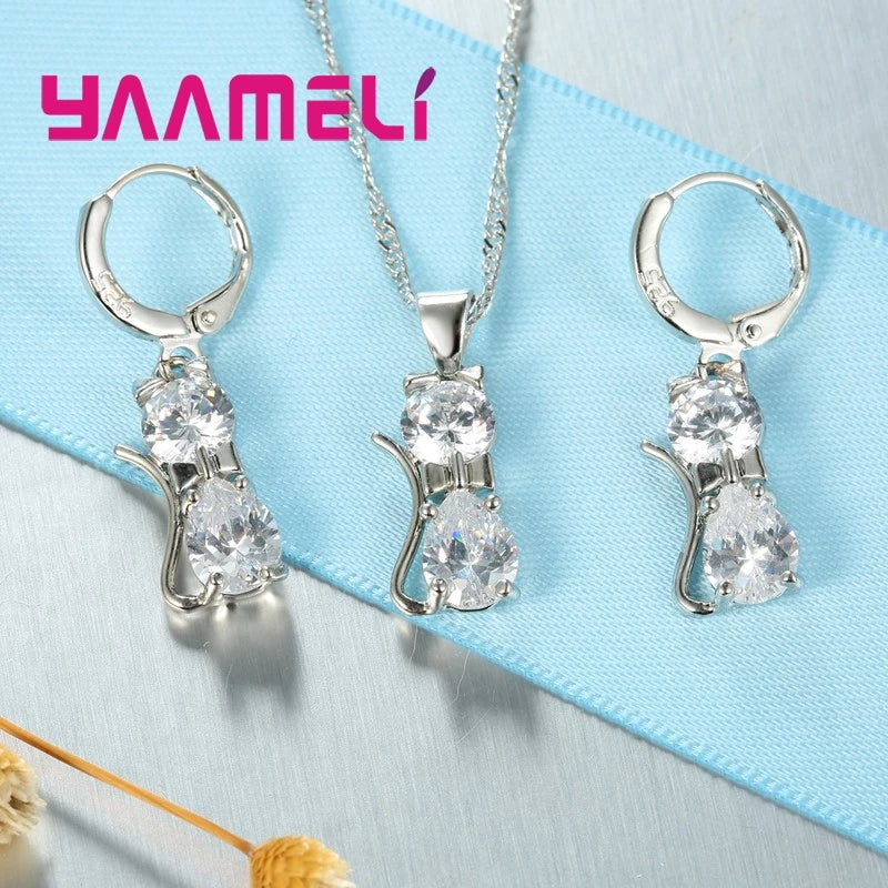 Set di gioielli in vero argento sterling 925 per donna ragazza brillante cristallo austriaco collana con ciondolo gatto carino orecchino Huggie