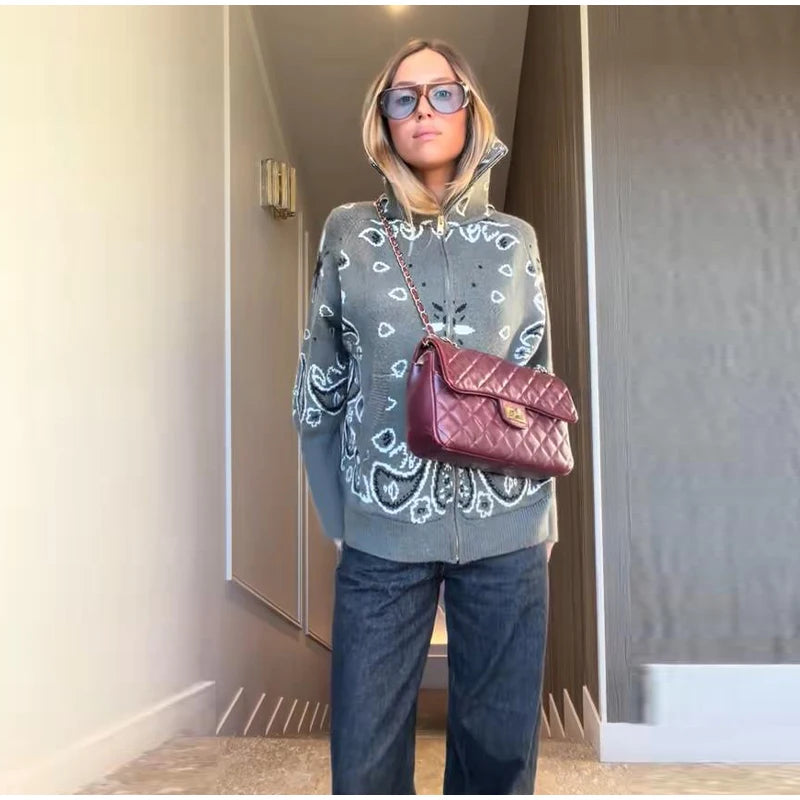 Cardigan da Donna in Maglia Stampata Casual, Maniche Lunghe, Cerniere, Colletto Alto, Tasche, Cappotti Autunno 2026, Abbigliamento Femminile Chic da Strada