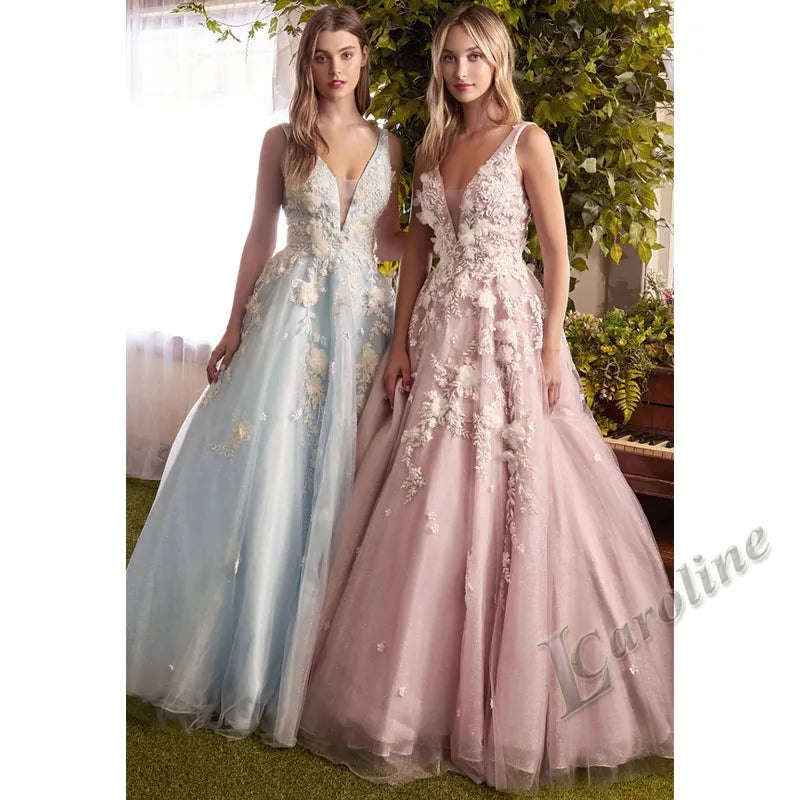 Caroline Bling Paillettes Abiti da ballo per le donne Pieghettato Fiori 3D Dubai Abito da sera formale Vestido De Formatura Personalizzato