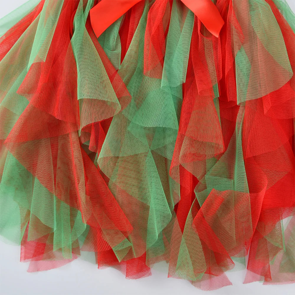 VIKITA Abito da bambina con unicorno natalizio Abito da tutù con stampa fiocco di neve a maniche lunghe per bambini con gonna in tulle a strati rosso verde per Natale