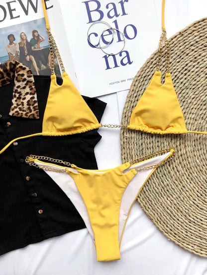 Micro Bikini Sexy 2026 Nero Solido con Reggiseno Push-Up e Cinghie Metalliche, Costume da Bagno Brasiliano, Perizoma, Biquini