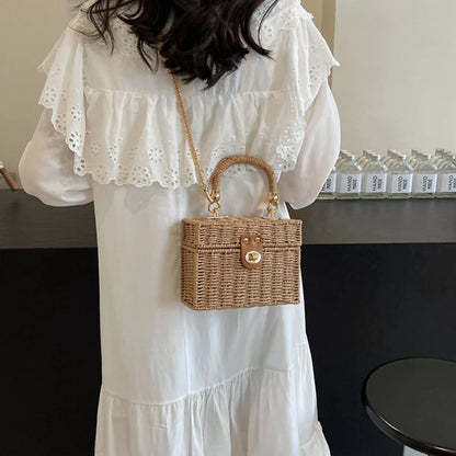 Borsa a tracolla in paglia di rattan Borsa a tracolla intrecciata a mano da donna Borsa a tracolla in paglia con scatola quadrata da spiaggia estiva per signora Bolsa Feminina