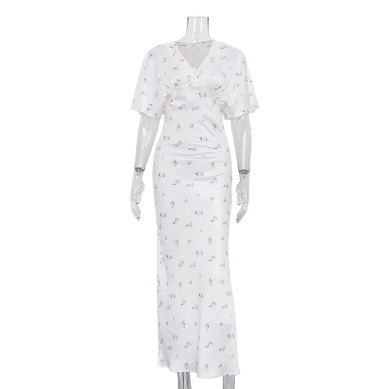Abito lungo da donna con scollo a V, spacco alto, mezza manica, vestibilità slim, elegante, con vita accentuata e volant, perfetto per feste, vacanze ed estate
