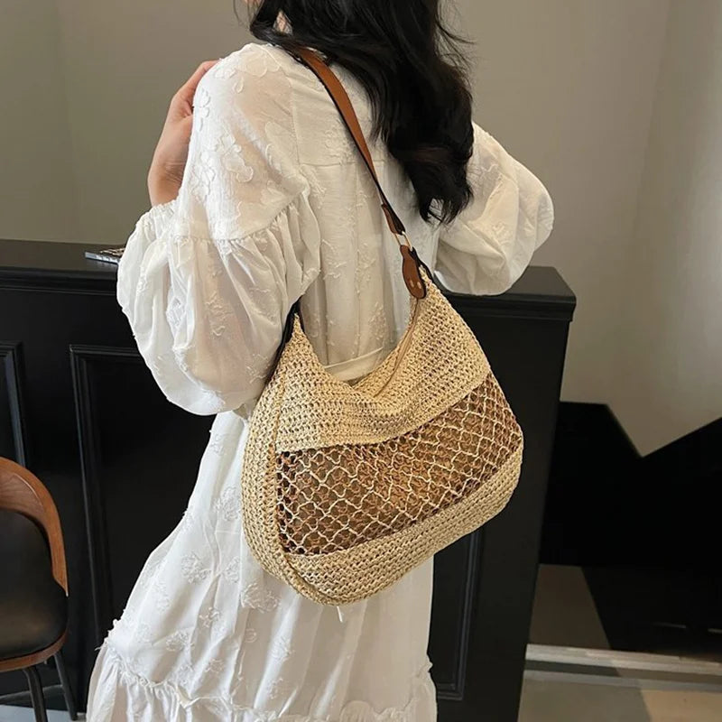 Borsa a Spalla da Donna con Tracolla Regolabile, Borsa da Viaggio in Paglia Intrecciata, Borsa a Mano alla Moda, Borsa Estiva Quotidiana da Donna