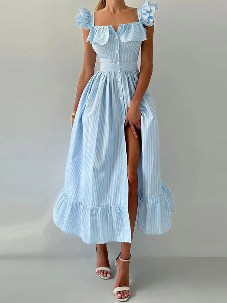 BKQU Abito lungo elegante con maniche volanti a righe con volant Abito lungo da donna chic con colletto quadrato sottile monopetto Abito lungo da festa estivo femminile